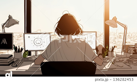 職場のデスクでパソコンに向かって仕事をしているビジネスウーマン（シンプルな色使い）