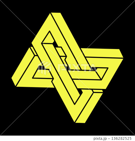 Optical illusion. Impossible shapes. Sacred geometry. Abstract eternal geometric object. Impossible endless outline. Optical art. Impossible geometry symbol on a black background. Escher style. Optical illusion. Impossible shapes. Sacred geometry. Abstract eternal geometric object. Impossible endless outline. Optical art. Impossible geometry symbol on a black background. Escher style. 136282525