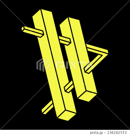 Optical illusion figure. Sacred geometry shapes. Abstract eternal geometric objects. Impossible endless outline. Optical art. Impossible geometry shape on a black background. Line art. Escher style. 136282553