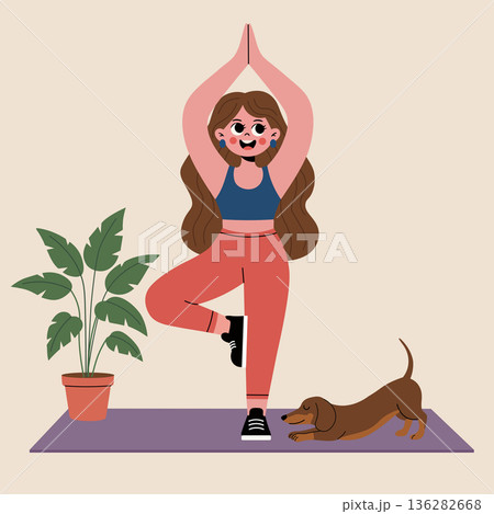 Vector illustration of a woman in yoga tree pose vrksasana at home with her dog by her side, symbolizing calm and companionship Vector illustration of a woman in yoga tree pose vrksasana at home with her dog by her side, symbolizing calm and companionship 136282668