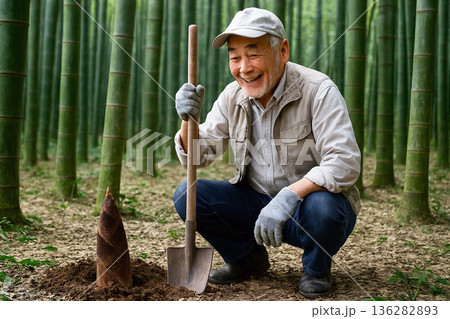 タケノコ掘りをしている男性 136282893