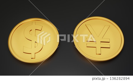 黒背景に並ぶ金色のドルと円のコイン 3Dイラスト 136282894