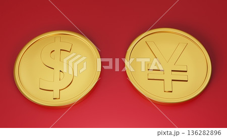赤背景に並ぶドルと円のコイン 経済イメージ 赤背景に並ぶドルと円のコイン 経済イメージ 136282896