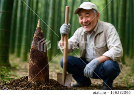 タケノコ掘りをしている男性 136282899