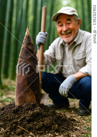 タケノコ掘りをしている男性 136282902
