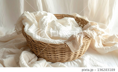 自然光に包まれた白い布とかごのナチュラル背景 136283189