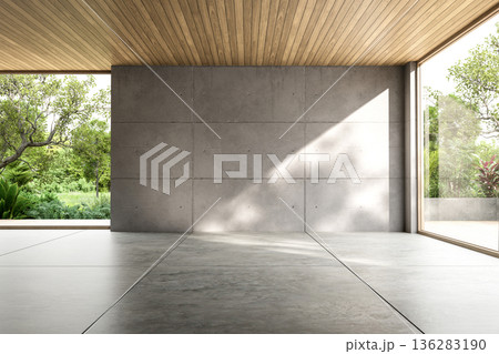 Minimalist empty loft room with exposed concrete walls 3d render. Minimalist empty loft room with exposed concrete walls 3d render. 136283190