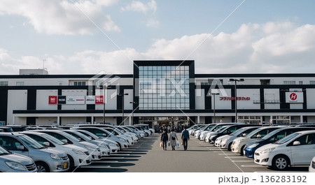 来客で賑わう商業施設駐車場と店舗入口 来客で賑わう商業施設駐車場と店舗入口 136283192