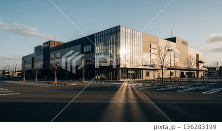 夕暮れ時の商業施設と広い駐車スペース 136283199