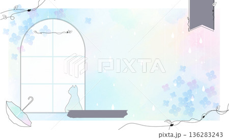 梅雨の窓辺と猫のシルエット 水彩風背景素材（あじさい・雨・傘） 136283243