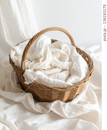 自然光に包まれた白い布とかごのナチュラル背景 136283278