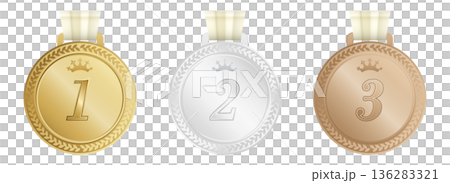 金牌、銀牌和銅牌，以及第一名、第二名和第三名排名獎勵，向量素材集。 136283321