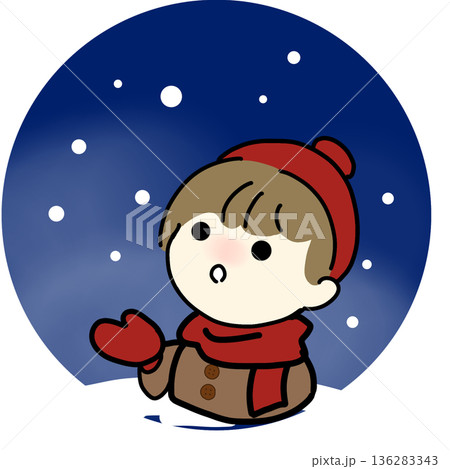 雪空を見上げる人のシンプルイラスト素材(夜) 136283343