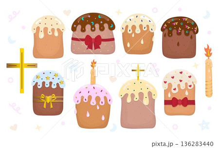 Easter cakes, candle and gold cross. Vector color set. Kulichi with cream, whimsical illustrations. Festive yeast pies with sprinkles and icing, various paska pastries Easter cakes, candle and gold cross. Vector color set. Kulichi with cream, whimsical illustrations. Festive yeast pies with sprinkles and icing, various paska pastries 136283440