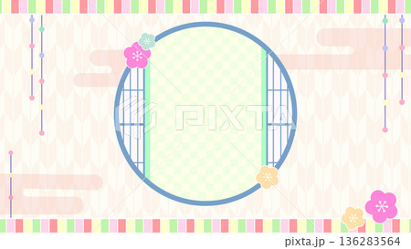 春のひな祭りの和風背景フレーム素材（桃の花・丸窓・矢絣・パステルカラー） 136283564