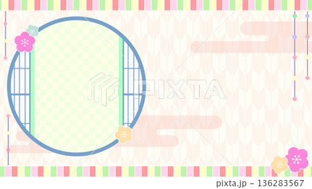 春のひな祭りの和風背景フレーム素材（桃の花・丸窓・矢絣・パステルカラー） 136283567