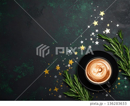 ローズマリーと星のラメを添えたモカラテの冬の俯瞰背景 ローズマリーと星のラメを添えたモカラテの冬の俯瞰背景 136283633