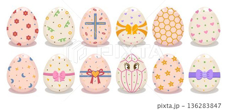 Colorful decorated Easter eggs with various patterns, vector icon big set. Color decorative holiday food signs. Creative festive pictograms, whimsical cliparts Colorful decorated Easter eggs with various patterns, vector icon big set. Color decorative holiday food signs. Creative festive pictograms, whimsical cliparts 136283847