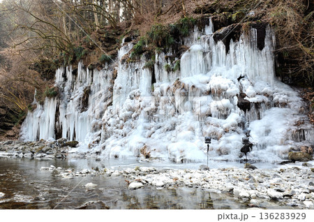 厳冬期にできる埼玉県秩父市大滝の三十槌の氷柱（三十槌の氷柱）全体 136283929