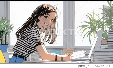 同僚に軽く挨拶をしている若いビジネスウーマン