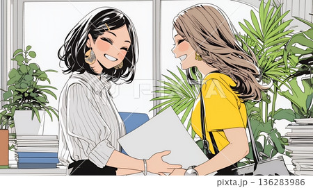 同僚に軽く挨拶をしている若いビジネスウーマン