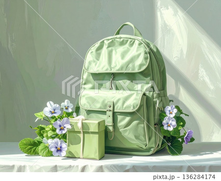 白い背景に置かれた緑のリュックとステンレスボトル 136284174