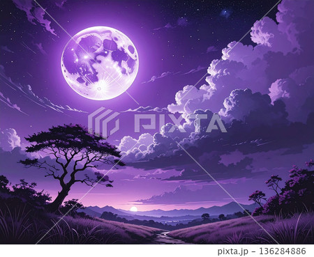 不穏な紫の夜空に浮かぶ巨大な満月。幻想的な山々と金色の木々 136284886