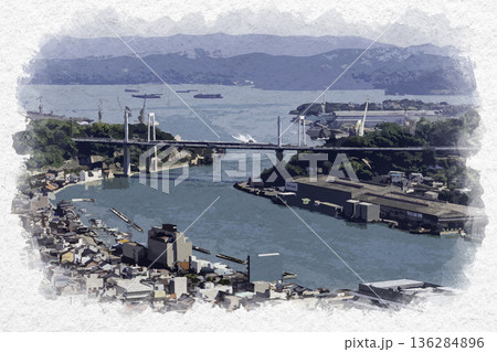 水彩画風　尾道の町並み　尾道大橋と新尾道大橋　広島県尾道市 136284896