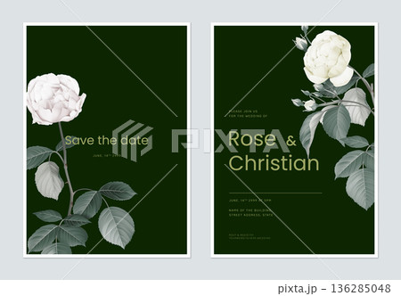 Floral wedding invitation card template design, pink and yellow roses with leaves on dark green 136285048