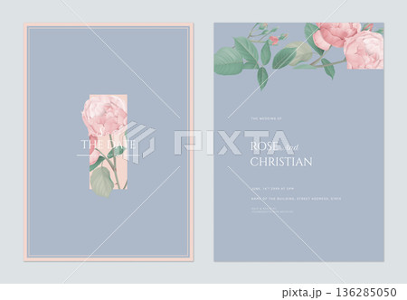 Floral wedding invitation card template design, pink rose with leaves on blue 136285050