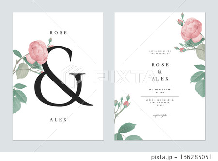 Floral wedding invitation card template design, pink Japanese quince flowers with ampersand lettering on white, pastel vintage theme 136285051