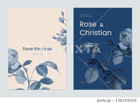Floral wedding invitation card template design, blue roses and leaves on brown and dark blue Floral wedding invitation card template design, blue roses and leaves on brown and dark blue 136285058