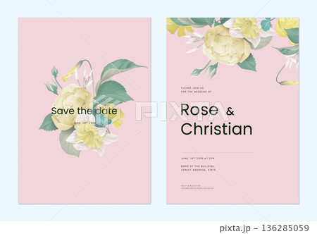 Floral wedding invitation card template design, various yellow and white flowers on pink Floral wedding invitation card template design, various yellow and white flowers on pink 136285059