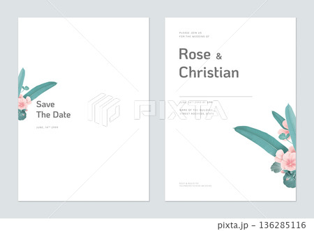 Minimalist floral wedding invitation card template design, pink Pelargonium zonale flowers and leaves on white Minimalist floral wedding invitation card template design, pink Pelargonium zonale flowers and leaves on white 136285116