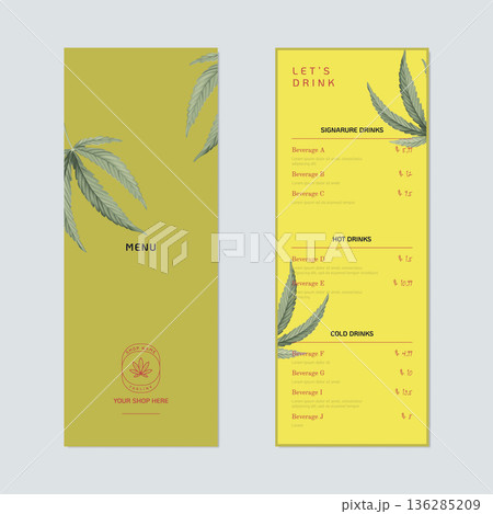 Beverage menu template design, cannabis leaves on yellow 136285209