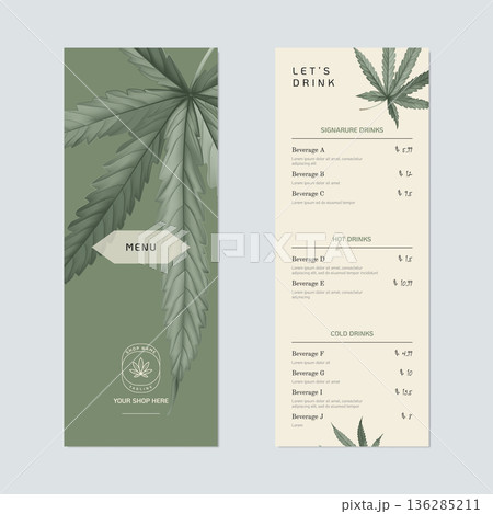 Beverage menu template design, dark red cannabis leaves on green and brown Beverage menu template design, dark red cannabis leaves on green and brown 136285211