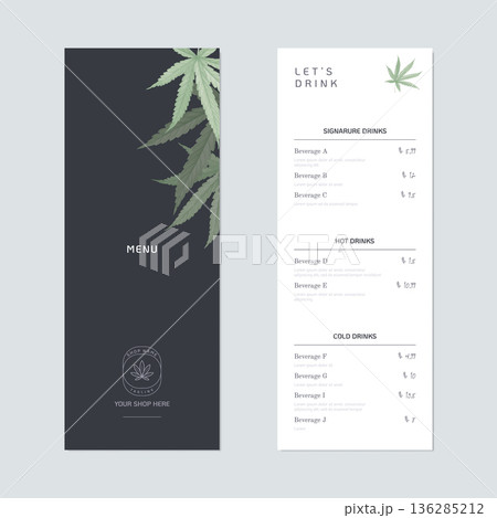 Beverage menu template design, green cannabis leaves on dark blue 136285212