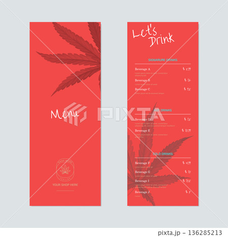 Beverage menu template design, dark red cannabis leaves on red 136285213
