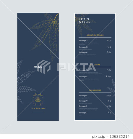 Beverage menu template design, cannabis leaves on blue 136285214