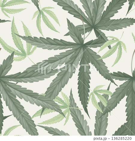 Foliage seamless pattern, green cannabis leaves on grey Foliage seamless pattern, green cannabis leaves on grey 136285220