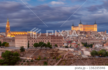 Evening View of Toledo with Illuminated Alcazar and Cathedral at Sunset 136285946