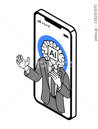 説明するAI男性アドバイザー　 スマートフォンアプリ　アイソメトリック 136285975