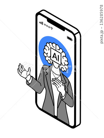 説明するAI女性アドバイザー　スマートフォンアプリ　アイソメトリック 136285978