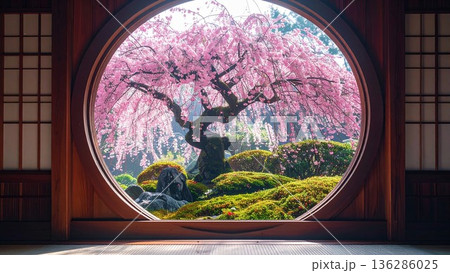 京都の寺院の円窓から望む満開の枝垂桜と苔庭 136286025