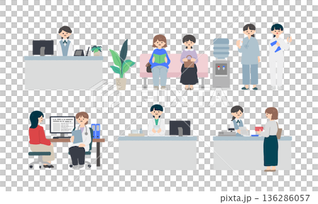 A set of illustrations of a series of scenes in a medical institution, from hospital reception to examination and payment 136286057