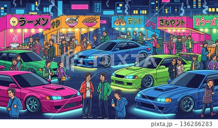 色鮮やかなカスタムカーと賑わう夜市 136286283