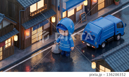 雨の夜の路地でゴミを回収する作業員 136286352
