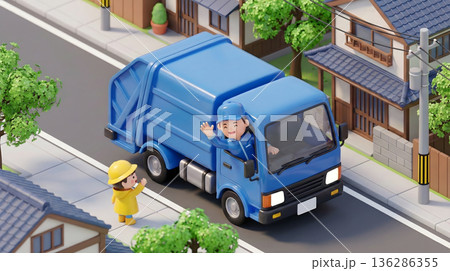 ゴミ収集車と子どもが手を振る街の風景 136286355