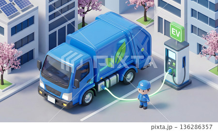 EVゴミ収集車と充電ステーション 136286357
