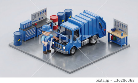 整備工場でゴミ収集車のエンジンを点検する整備士 136286368